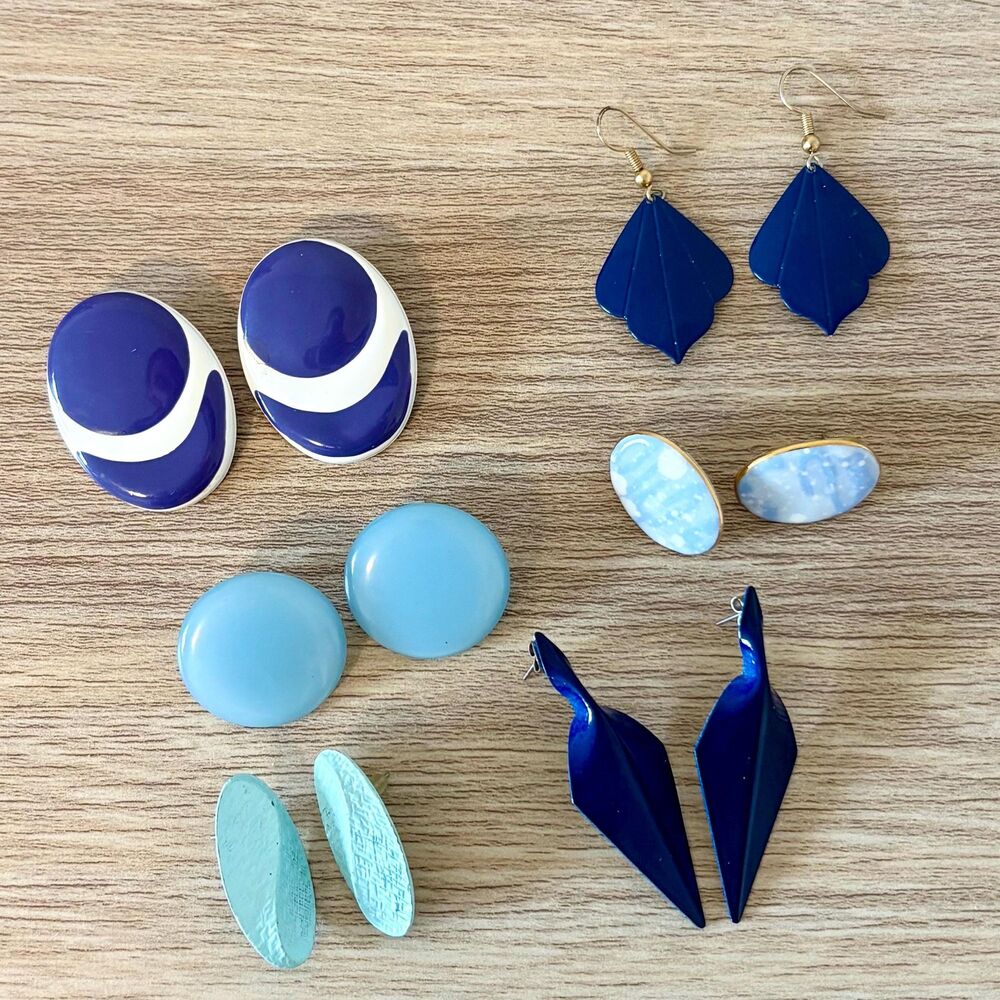 Vintage Blue Earrings Lot of 6 Pairs Mixed Styles Clip On Dangle Stud Retro